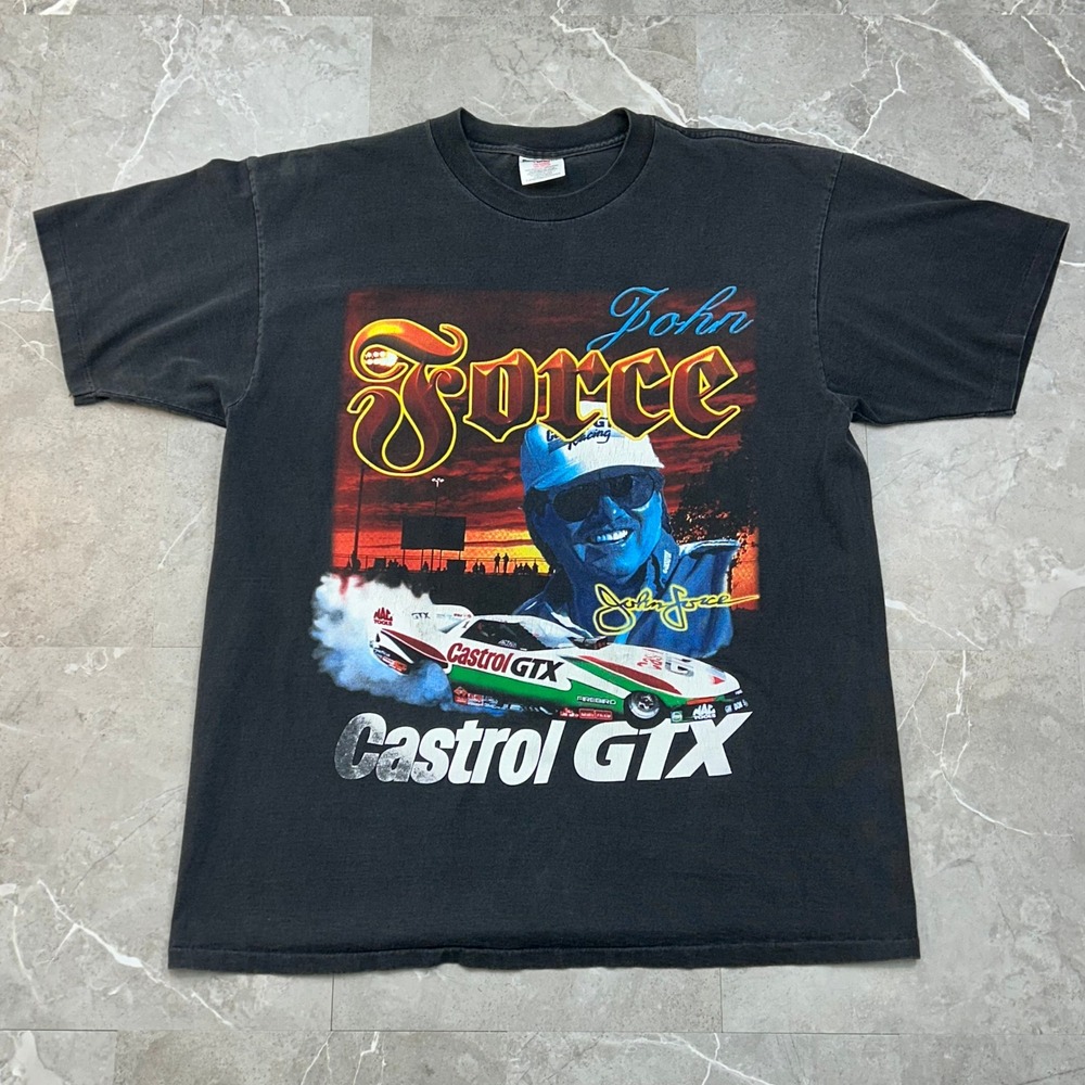 90s Vintage John Force Graphic Tee Mens XL NHRA Drag Racing Shirt Faded Black